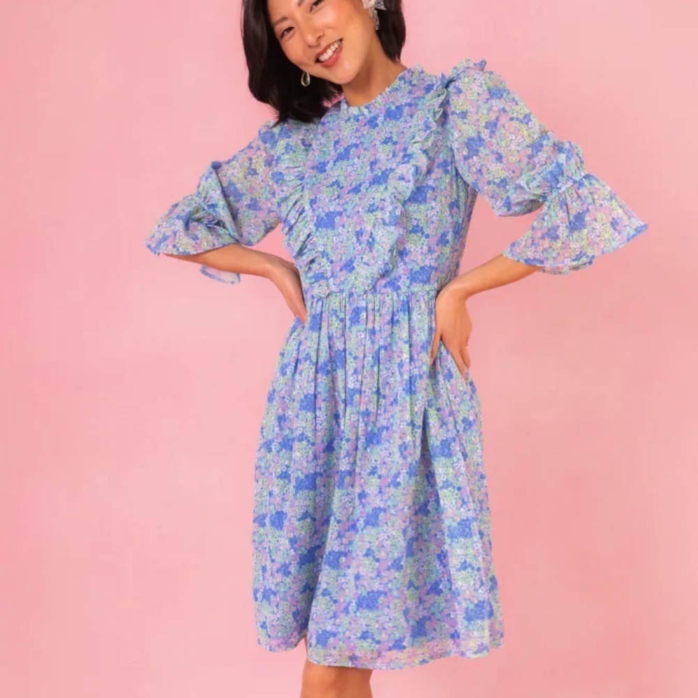 NWT Ivy City Co. Monet Blue Pink Green Floral Ruffle Midi Dress Size 16W